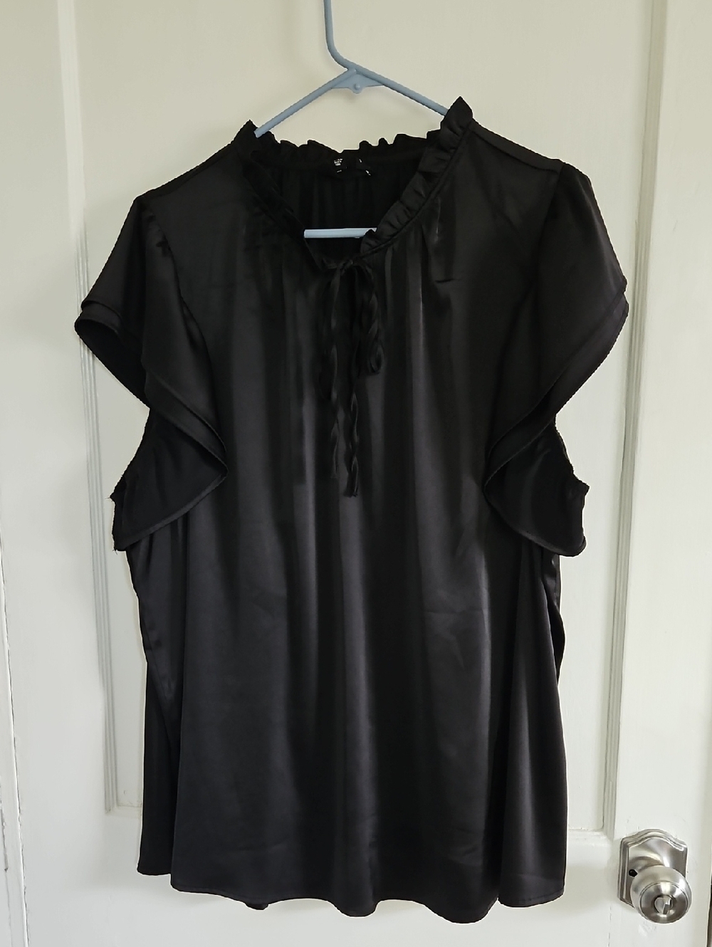 Flower And Feather Black Satin Ruffle Sleeve Blouse